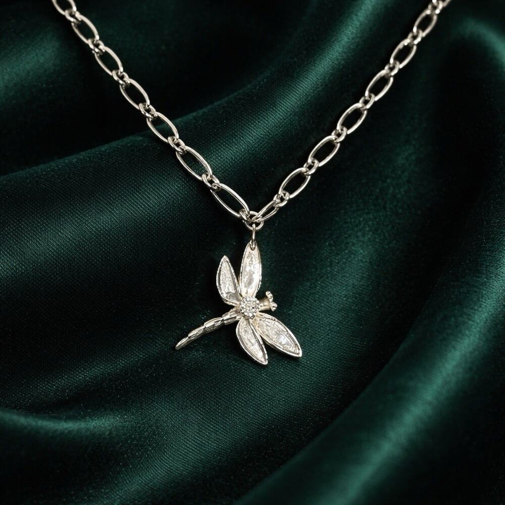 Dragonfly necklace Sterling silver 925 White Tourlamine